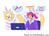 The image shows a woman sitting at a desk with a laptop in front of her. She is wearing a purple shirt and has a headset on....