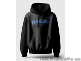 The image is of a black hoodie with a blue text on the front that reads "FEARLESS MIVS". The text is in a bold, sans-serif fo...