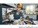 In this image, we can see a young man wearing a yellow hard hat and blue overalls, working in a kitchen. He is wearing a plai...