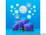 The image shows a computer, tablet, and laptop with a house icon in the center. The background is a gradient of blue and gree...