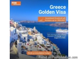 The image is an advertisement for a Greek Golden Visa investment threshold. The background of the image is a beautiful view o...