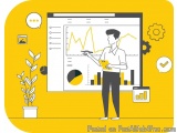 The image is an illustration of a man standing in front of a large screen with graphs and charts on it. The man is holding a...