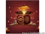 The image is a digital illustration of a Diwali surprise hamper. The hamper is open and has a golden lid with intricate desig...