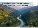 The image shows a beautiful landscape of Arunachal Pradesh, India. The landscape is lush and green, with a river running thro...
