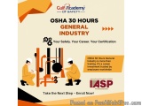 The image is an advertisement for the Gulf Academy of Safety's OSHA 30 Hours General Industry. It has a white background with...