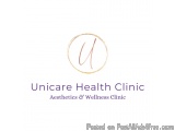 The image is a logo for a healthcare clinic called Unicare Health Clinic. The logo is a simple design with a gold circle in t...