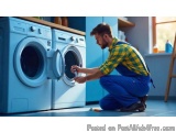 In this image, we can see a man in a yellow and blue checkered shirt and blue overalls kneeling on the floor in front of a wa...
