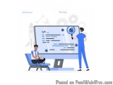The image shows two people, a man and a woman, standing in front of a large computer monitor. The man is sitting on a blue co...