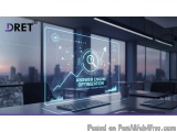 The image shows a modern office with a large window overlooking a city skyline. In the center of the image, there is a large...