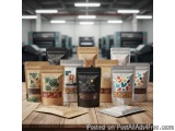 The image shows a collection of six brown paper bags with different designs on them. The bags are arranged in a row on a wood...