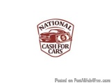 The image is a logo for a company called "National Cash for Cars". The logo is in the shape of a shield with a red background...