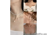 The image is a collage of three photos of a woman wearing a pearl necklace. The necklace is made up of multiple strands of wh...