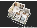 The image is a 3D floor plan of a two-bedroom apartment. The apartment has a modern design with a white exterior and a black...