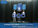 The image shows three people standing in front of a large blue cube with a padlock on it. The cube is connected to a chain th...