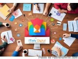 The image shows a group of people sitting around a wooden table with various office supplies scattered around them. On the ta...
