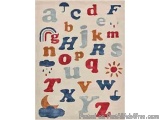 The image is a poster with a beige background. It features a large collection of colorful alphabets arranged in a grid-like p...