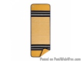 The image is of a rectangular-shaped object with a beige background and black stripes running horizontally across it. The str...