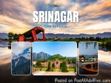 The image is a collage of four different pictures of Srinagar, India. The first picture on the top left shows a beautiful lan...