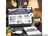 The image shows a laptop on a desk with a notebook and a cup of coffee next to it. The laptop screen displays the words "Digi...
