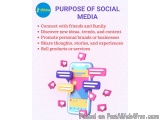 The image is an infographic that explains the purpose of social media. It has a pink background with a blue and yellow mobile...