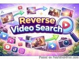 The image is a graphic design for a video search app called "Reverse Video Search". The background is a gradient of purple an...