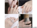 The image is a collage of four photos showing a woman's hand wearing a silver ring. The ring is on her ring finger and appear...