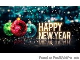 The image is a digital greeting card for the New Year. It has a dark blue background with small white dots scattered througho...