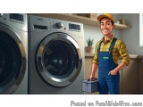 The image shows a cartoon illustration of a man standing in front of a washing machine in a laundry room. The man is wearing...