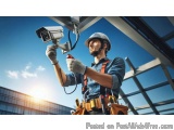 The image shows a construction worker wearing a hard hat, safety harness, and gloves, holding a security camera attached to a...