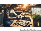 In this image, we can see a young man working in a kitchen. He is wearing a blue apron and glasses and is sitting at a wooden...