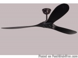 The image shows a black ceiling fan with four blades. The blades are arranged in a fan-like manner, with the largest blade at...