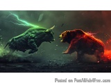 The image shows two animals, a bull and a bear, engaged in a fierce battle. The bull is on the left side of the image, with i...