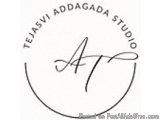 The image is a black and white logo for Tejasvi Addagada Studio. The logo is circular in shape and has the words "Tejasvi Ada...