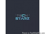 The image is a logo for a company called "TECH STARZ". The logo is written in a modern, sans-serif font and is in a dark blue...