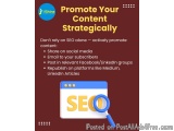 The image is an infographic that promotes content strategically. It has a maroon background with white text that reads "Promo...