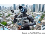 The image shows a robot standing on a balcony overlooking a city. The robot is black in color and has a round head with two l...