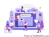 The image is an illustration of a group of people gathered around a large screen with the text "CRM Executive" on it. The scr...