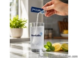 The image shows a hand holding a tube of RevitaBlu water and pouring it into a glass of water. The glass is on a kitchen coun...