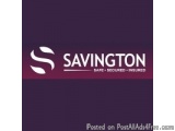 The image is a logo for Savington, a company that provides safe, secured, and insured services. The logo is rectangular in sh...