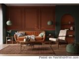The image shows a modern living room with a large orange sofa in the center. The sofa has a tufted backrest and is upholstere...