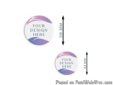 The image shows two circular badges with a white background and a purple and pink wave-like design on the top. The badge on t...