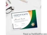 The image is a certificate of achievement template. It is a rectangular document with a white background and a green and oran...