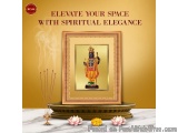 The image is a digital illustration of a Hindu deity, Lord Hanuman, in a gold-framed frame. He is standing on a pedestal with...