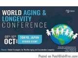 The image is a poster for the World Aging & Longevity Conference in Tokyo, Japan. The poster has a dark blue background with...
