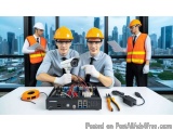The image shows three men wearing orange hard hats and safety vests, standing in front of a large window with a view of a cit...