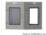 The image shows a gray-colored door with two glass panels. The door has a handle on the left side and a latch on the right si...