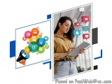 The image is a collage of two photos. On the left side, there is a whiteboard with colorful icons representing different soci...