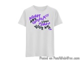 The image is of a white t-shirt with a graphic design on the front. The design is written in purple and black text that reads...