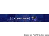 The image is a banner or logo for a company called "CLASSROOM-AI". The background is a dark blue color with a futuristic desi...