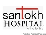 The image is a logo for Santokh Hospital. The logo is rectangular in shape and has a white background. The word "santokh" is...